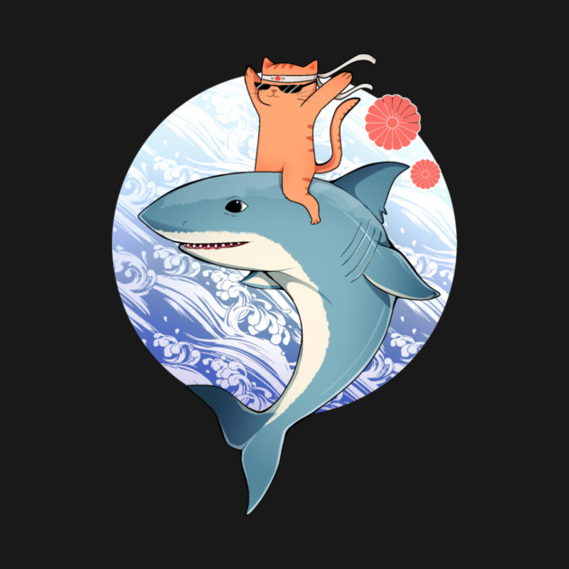 Funny Orange Cat Riding Shark, Love Cats by logiamerch