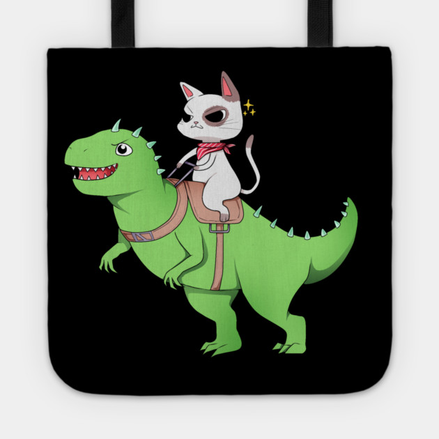 Funny Cat Riding Dinosaur, Love Cats Tote by logiamerch