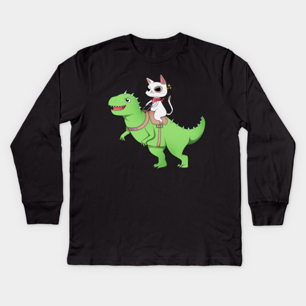 Funny Cat Riding Dinosaur, Love Cats Kids Long Sleeve T-Shirt by logiamerch