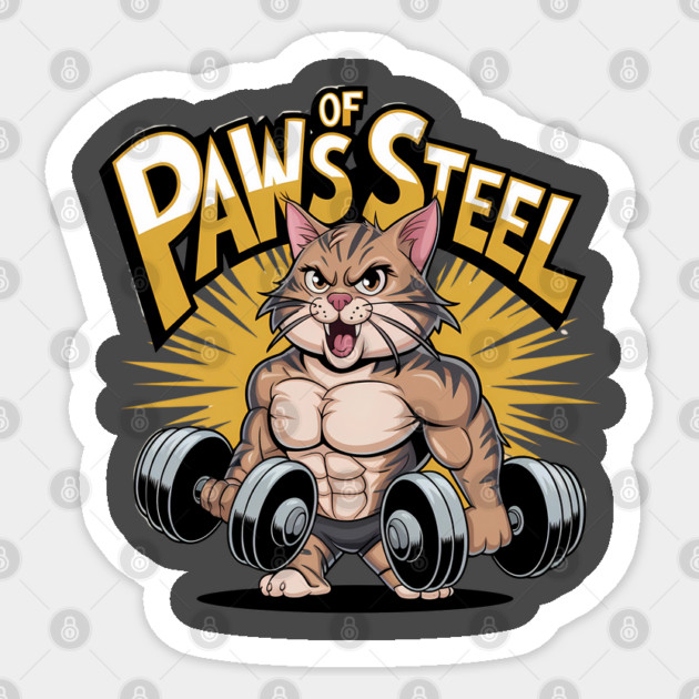 Paws of Steel - Funny Gym Cat Lifting Weights Workout Tee Sticker by Stylish Shirt
