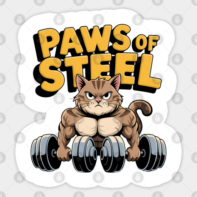 Paws of Steel - Funny Gym Cat Lifting Weights Workout Tee Sticker by Stylish Shirt