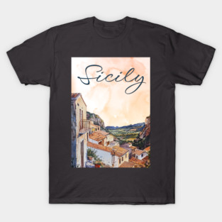 Sicily Italy Watercolor Art – Mediterranean Seaside Travel Print T-Shirt
