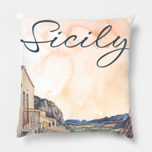 Sicily Italy Watercolor Art – Mediterranean Seaside Travel Print Pillow