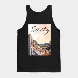 Sicily Italy Watercolor Art – Mediterranean Seaside Travel Print Tank Top