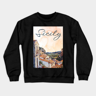 Sicily Italy Watercolor Art – Mediterranean Seaside Travel Print Crewneck Sweatshirt