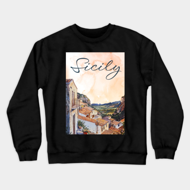 Sicily Italy Watercolor Art – Mediterranean Seaside Travel Print Crewneck Sweatshirt by TuncGK