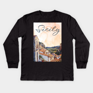 Sicily Italy Watercolor Art – Mediterranean Seaside Travel Print Kids Long Sleeve T-Shirt
