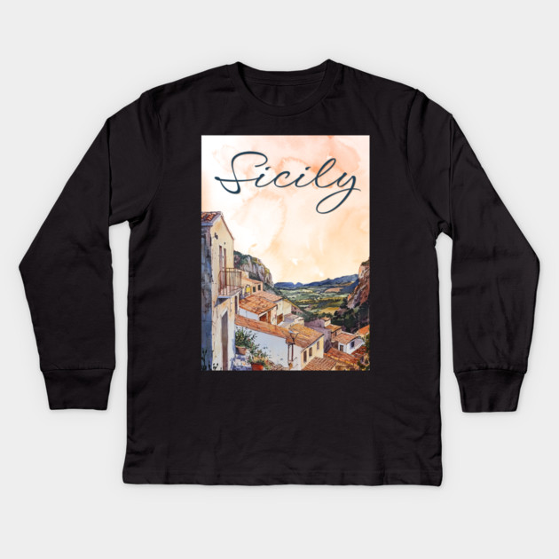 Sicily Italy Watercolor Art – Mediterranean Seaside Travel Print Kids Long Sleeve T-Shirt by TuncGK