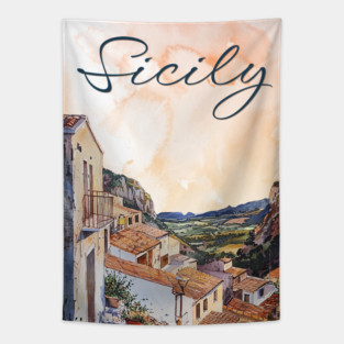 Sicily Italy Watercolor Art – Mediterranean Seaside Travel Print Tapestry