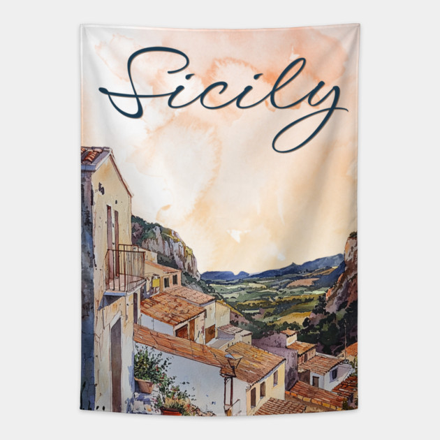 Sicily Italy Watercolor Art – Mediterranean Seaside Travel Print Tapestry by TuncGK