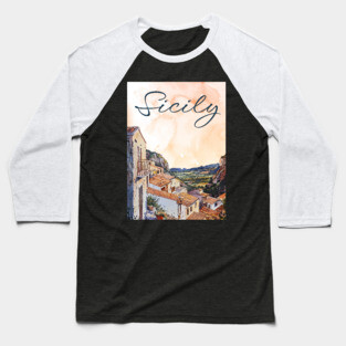 Sicily Italy Watercolor Art – Mediterranean Seaside Travel Print Baseball T-Shirt