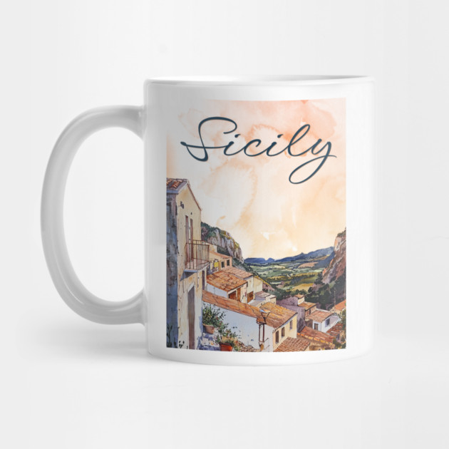 Sicily Italy Watercolor Art – Mediterranean Seaside Travel Print by TuncGK