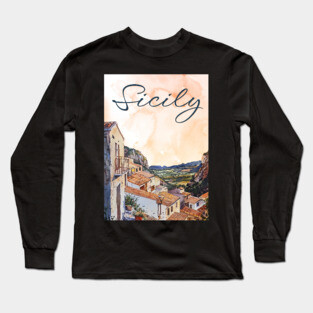 Sicily Italy Watercolor Art – Mediterranean Seaside Travel Print Long Sleeve T-Shirt