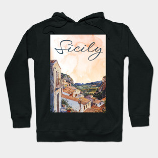Sicily Italy Watercolor Art – Mediterranean Seaside Travel Print Hoodie