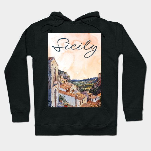 Sicily Italy Watercolor Art – Mediterranean Seaside Travel Print Hoodie by TuncGK
