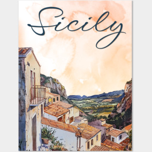 Sicily Italy Watercolor Art – Mediterranean Seaside Travel Print Posters and Art
