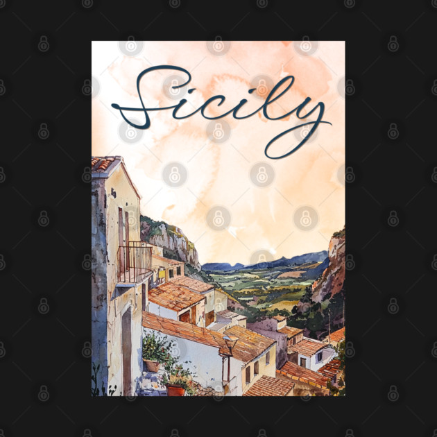 Sicily Italy Watercolor Art – Mediterranean Seaside Travel Print by TuncGK