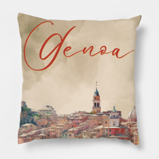 Genoa Italy Coastal City Watercolor Print – Mediterranean Travel Poster Pillow