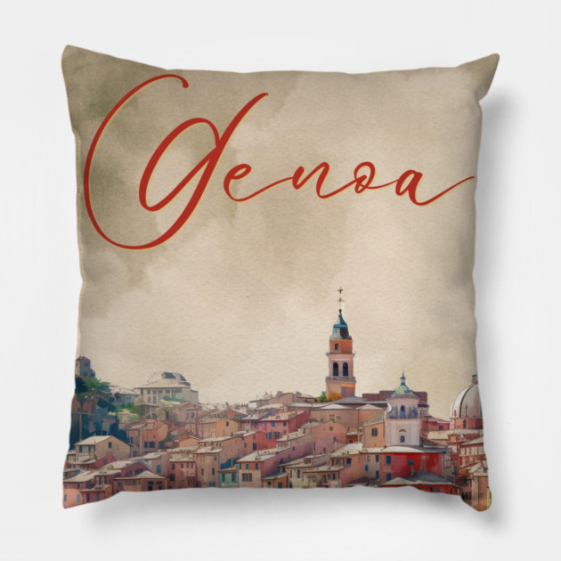 Genoa Italy Coastal City Watercolor Print – Mediterranean Travel Poster Pillow by TuncGK