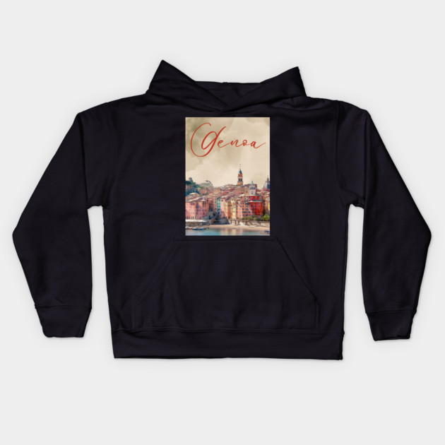 Genoa Italy Coastal City Watercolor Print – Mediterranean Travel Poster Kids Hoodie by TuncGK
