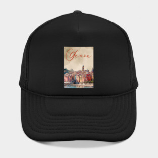 Genoa Italy Coastal City Watercolor Print – Mediterranean Travel Poster Hat