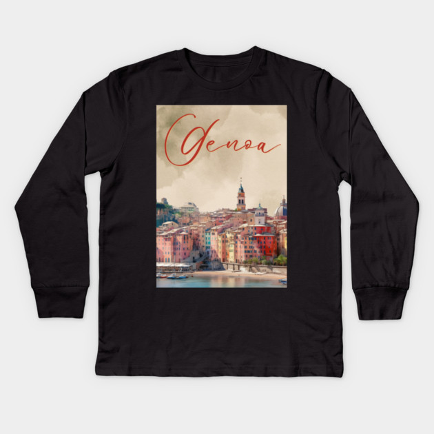 Genoa Italy Coastal City Watercolor Print – Mediterranean Travel Poster Kids Long Sleeve T-Shirt by TuncGK