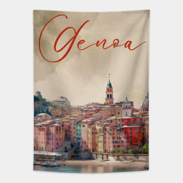 Genoa Italy Coastal City Watercolor Print – Mediterranean Travel Poster Tapestry by TuncGK