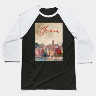Genoa Italy Coastal City Watercolor Print – Mediterranean Travel Poster Baseball T-Shirt
