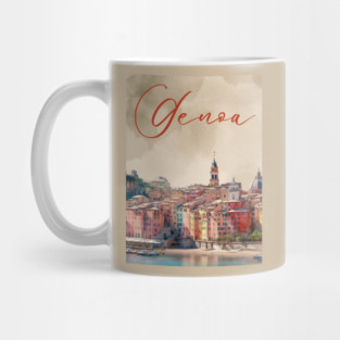 Genoa Italy Coastal City Watercolor Print – Mediterranean Travel Poster Mug