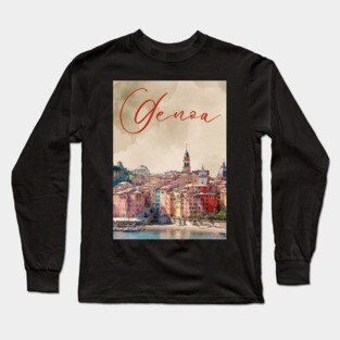 Genoa Italy Coastal City Watercolor Print – Mediterranean Travel Poster Long Sleeve T-Shirt