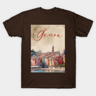 Genoa Italy Coastal City Watercolor Print – Mediterranean Travel Poster T-Shirt