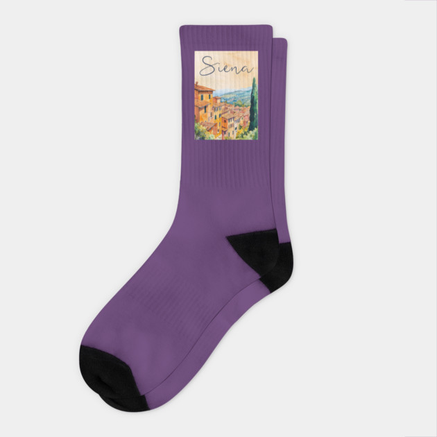 Siena Italy Watercolor Painting – Rustic Tuscany Travel Wall Art Socks by TuncGK