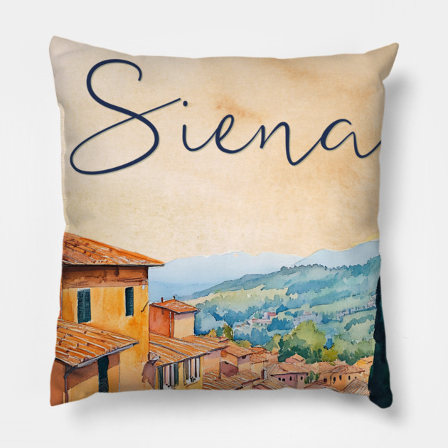 Siena Italy Watercolor Painting – Rustic Tuscany Travel Wall Art Pillow by TuncGK