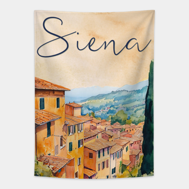 Siena Italy Watercolor Painting – Rustic Tuscany Travel Wall Art Tapestry by TuncGK