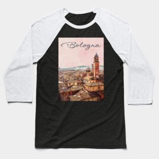Bologna Italy Watercolor Skyline – Vintage European Travel Art Baseball T-Shirt