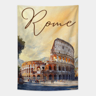 Rome Colosseum Watercolor Travel Poster – Vintage Italy Wall Art Tapestry