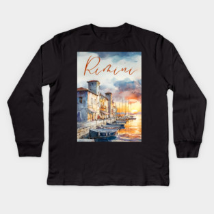 Rimini Italy Watercolor Art – Adriatic Coast Travel Print Kids Long Sleeve T-Shirt