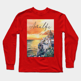 Amalfi Coast Watercolor Poster – Scenic Italy Travel Art Long Sleeve T-Shirt