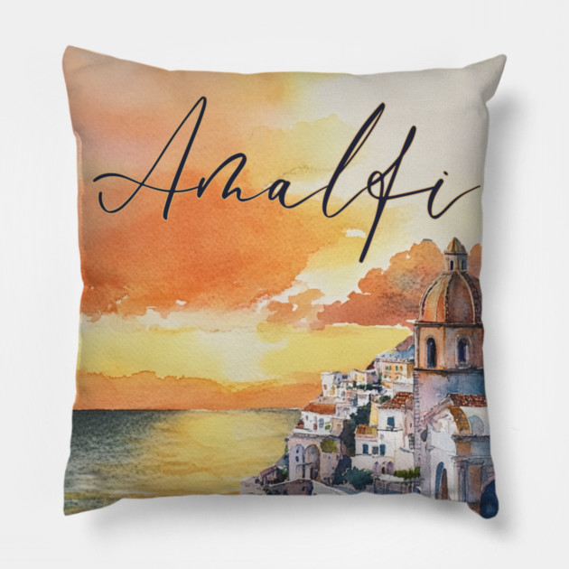 Amalfi Coast Watercolor Poster – Scenic Italy Travel Art Pillow by TuncGK