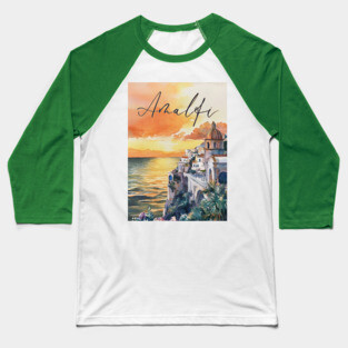 Amalfi Coast Watercolor Poster – Scenic Italy Travel Art Baseball T-Shirt