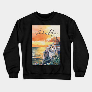 Amalfi Coast Watercolor Poster – Scenic Italy Travel Art Crewneck Sweatshirt