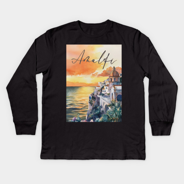Amalfi Coast Watercolor Poster – Scenic Italy Travel Art Kids Long Sleeve T-Shirt by TuncGK