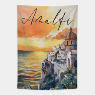 Amalfi Coast Watercolor Poster – Scenic Italy Travel Art Tapestry