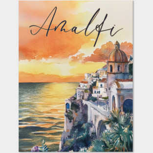 Amalfi Coast Watercolor Poster – Scenic Italy Travel Art Posters and Art