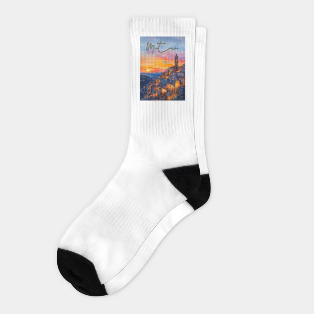 Matera Italy Watercolor Painting – Historic Stone City Travel Art Socks by TuncGK