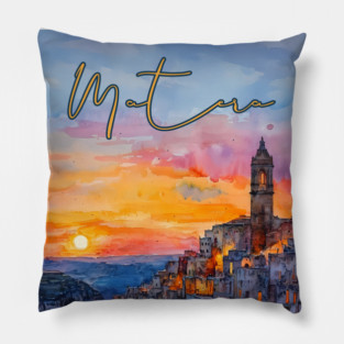 Matera Italy Watercolor Painting – Historic Stone City Travel Art Pillow