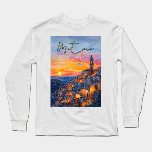 Matera Italy Watercolor Painting – Historic Stone City Travel Art Long Sleeve T-Shirt by TuncGK