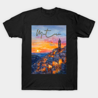 Matera Italy Watercolor Painting – Historic Stone City Travel Art T-Shirt