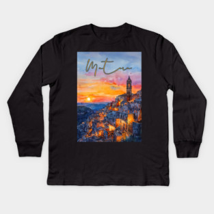 Matera Italy Watercolor Painting – Historic Stone City Travel Art Kids Long Sleeve T-Shirt