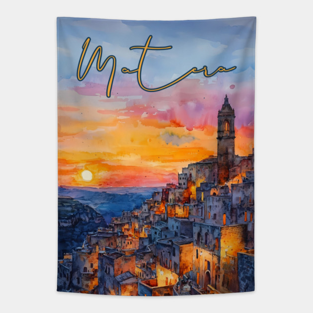 Matera Italy Watercolor Painting – Historic Stone City Travel Art Tapestry by TuncGK